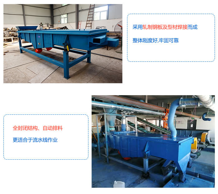 大型直線振動篩采用軋制鋼板整體剛度好，全封閉結構，自動排料。