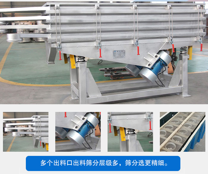 多層直線振動篩結(jié)構(gòu)優(yōu)勢：出料口多層選擇，振動電機(jī)，震動彈簧減輕振動體的磨損，彈跳球和擋球環(huán)。
