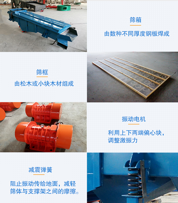 小型直線篩篩箱，篩框，振動(dòng)電機(jī)，彈簧等部件圖片展示
